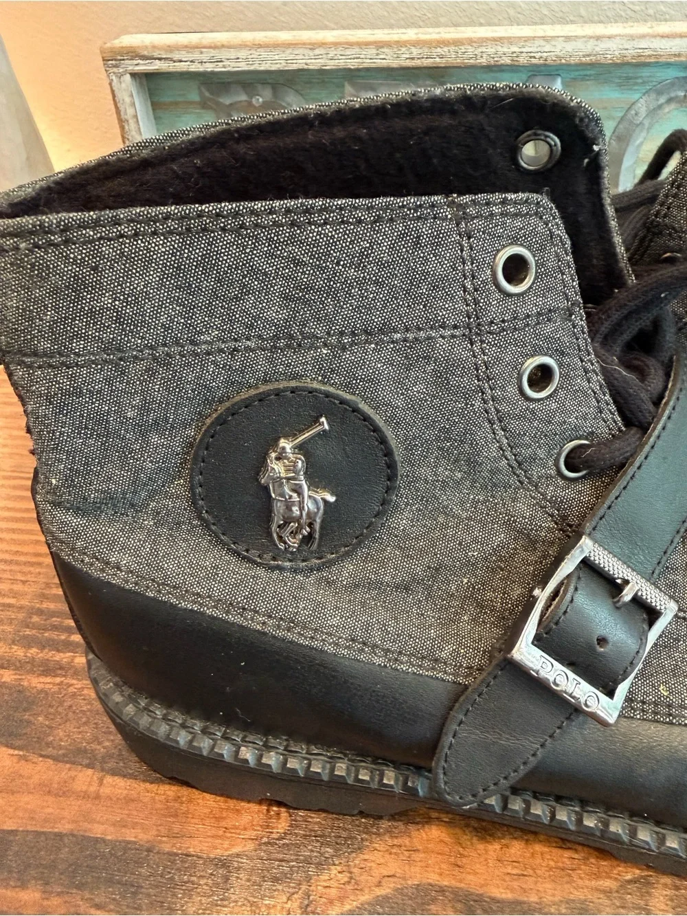 Polo Ralph Lauren Ranger Mid Boots Black Leather Canvas Boys 7 EU 40 Grunge Prep